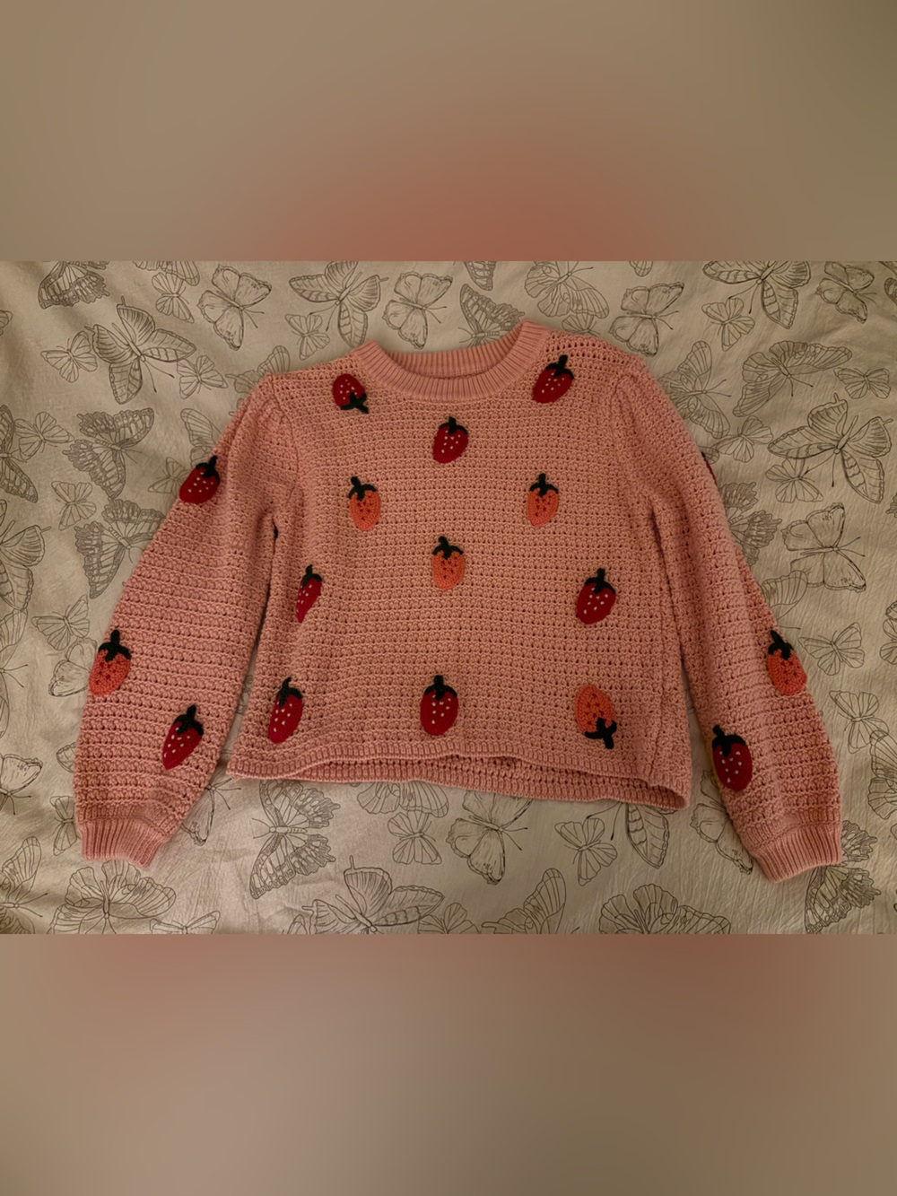 Pink Strawberry Embroidered Knit Sweater